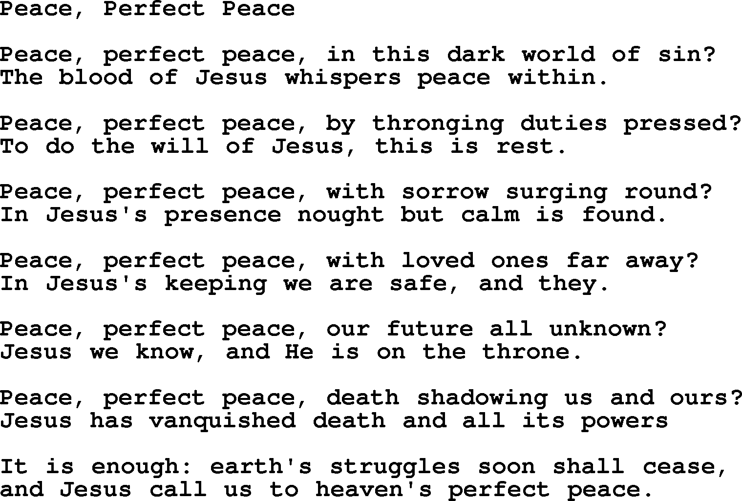 Most Popular Christian Wedding Hymns, Hymn: Peace, Perfect Peace, lyrics and PDF