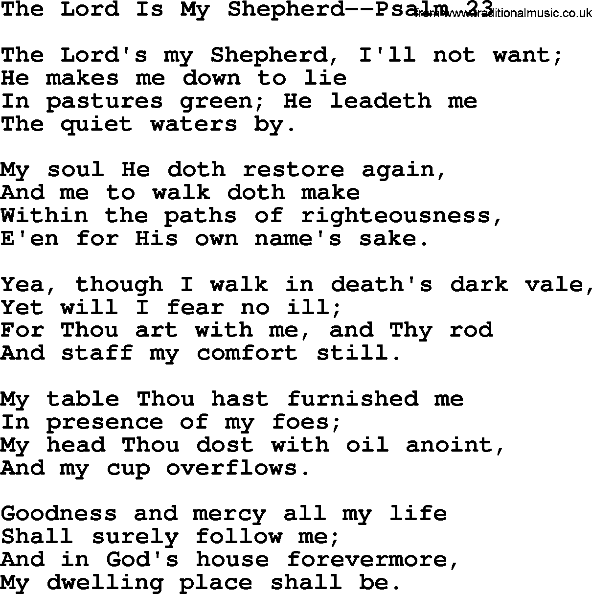 Most Popular Christian Wedding Hymns, Hymn: The Lord Is My Shepherd-Psalm 23, lyrics and PDF