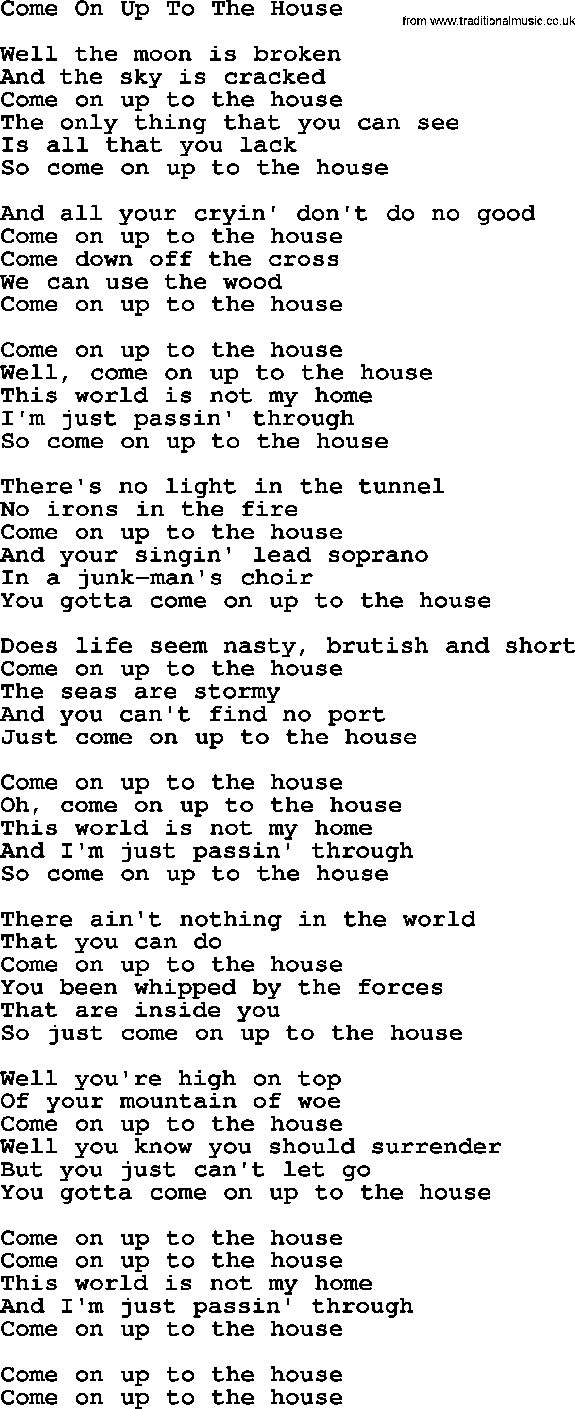Willie Nelson song: Come On Up To The House lyrics