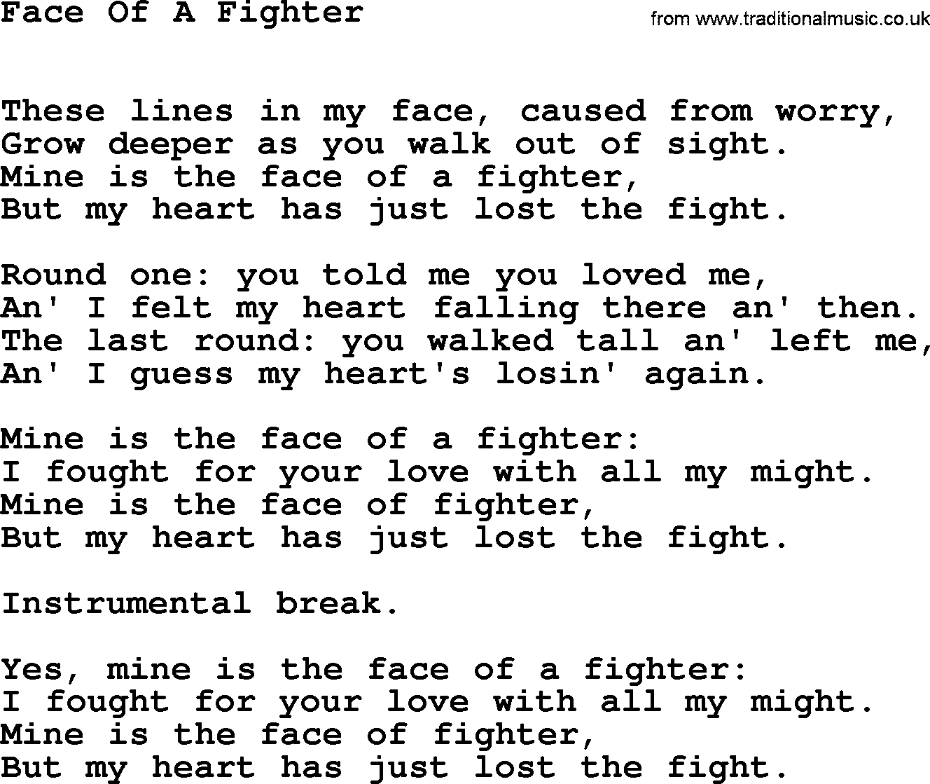 Willie Nelson song: Face Of A Fighter lyrics