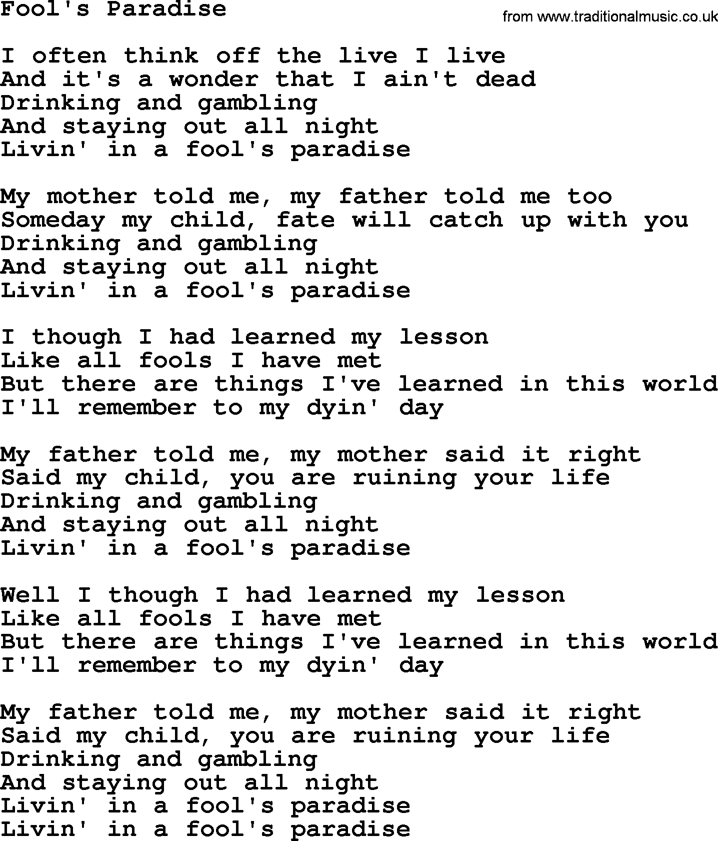 Willie Nelson song: Fool's Paradise lyrics