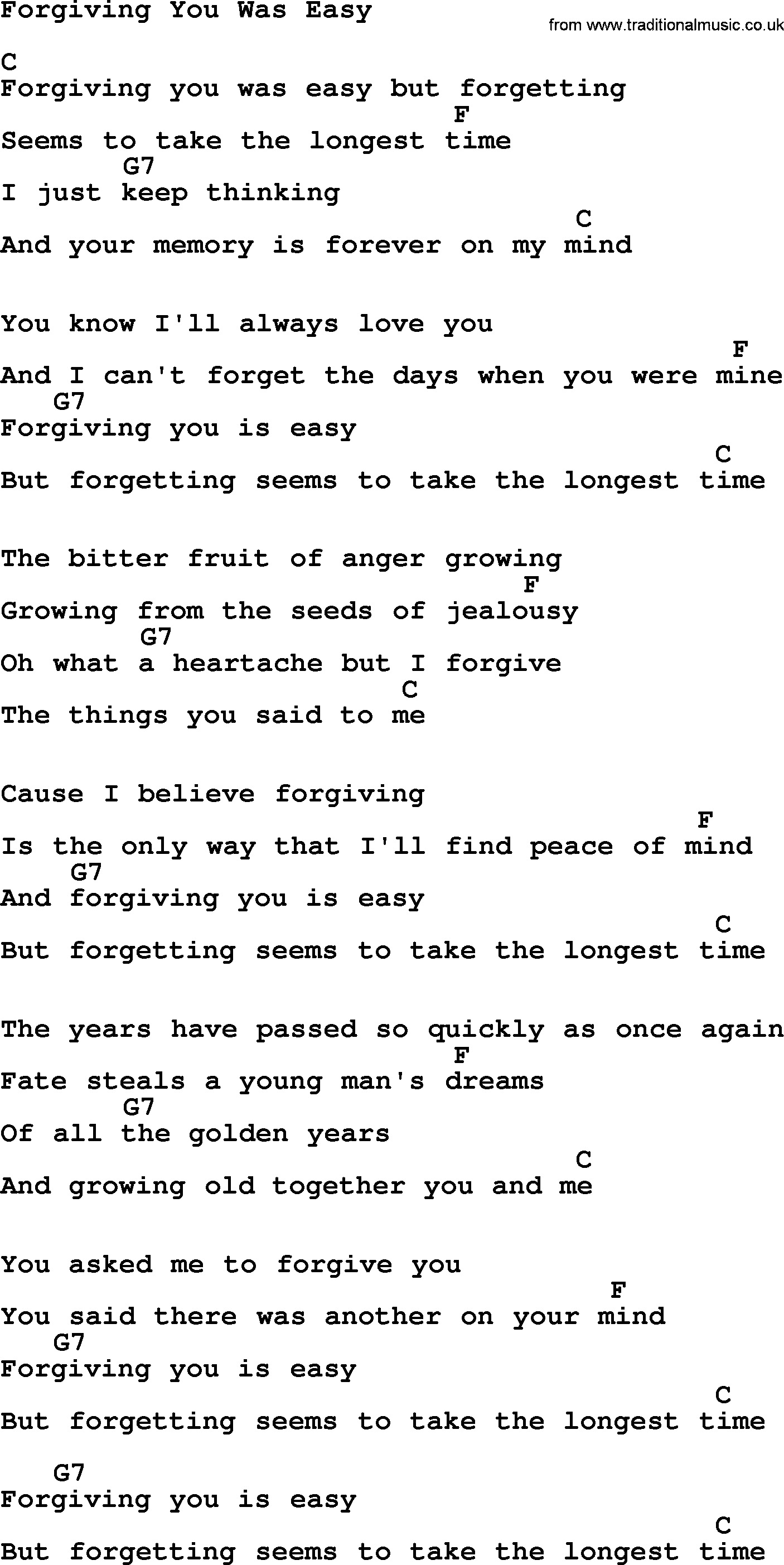 Willie Nelson song: Forgiving You Was Easy, lyrics and chords