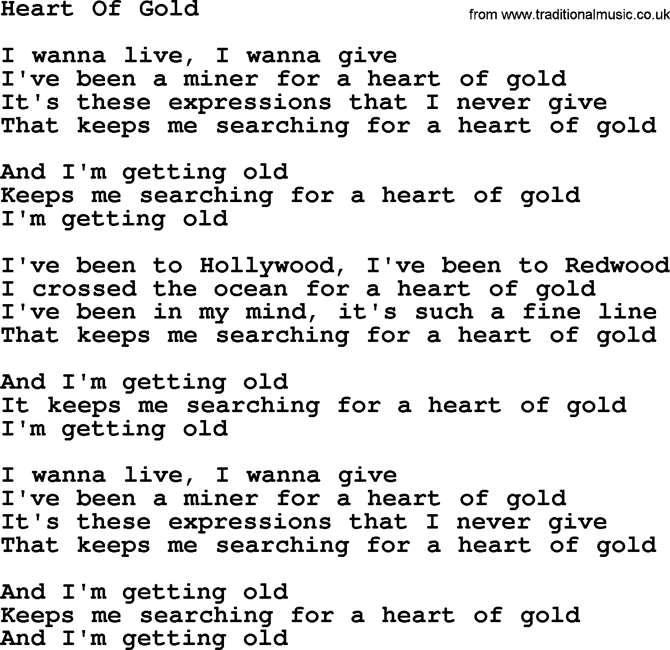 Willie Nelson song: Heart Of Gold lyrics