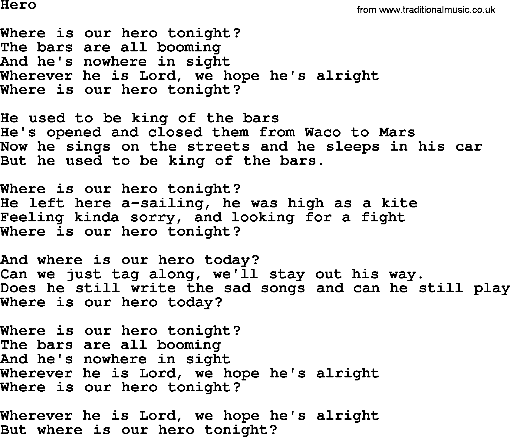 Willie Nelson song: Hero, lyrics