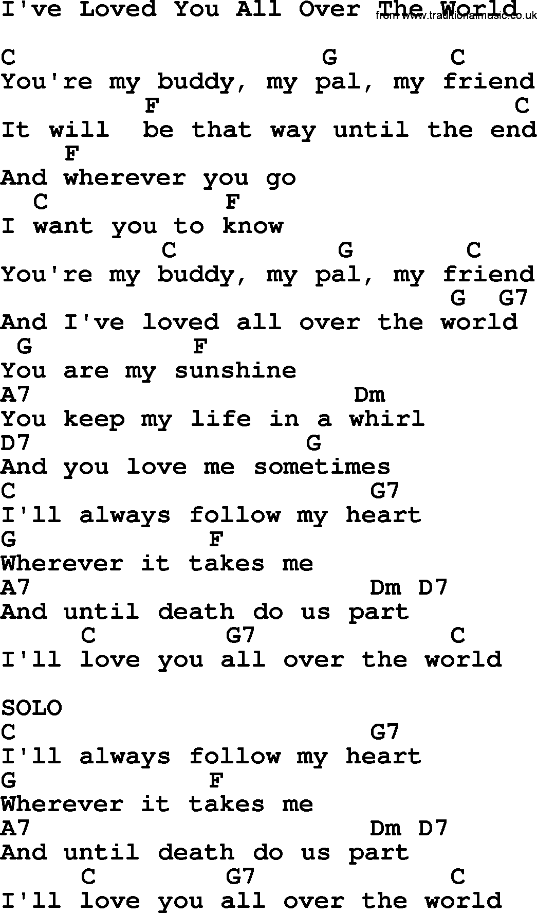 Willie Nelson song: I've Loved You All Over The World, lyrics and chords