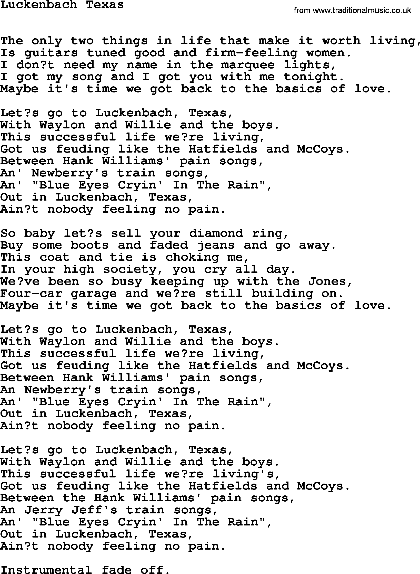Willie Nelson song: Luckenbach Texas lyrics