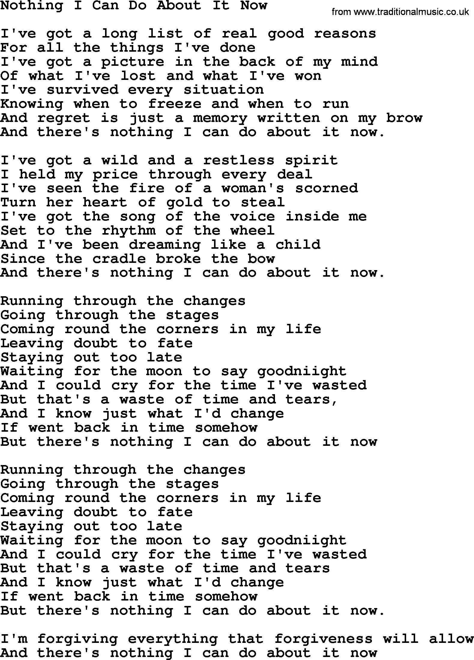 Willie Nelson song: Nothing I Can Do About It Now lyrics
