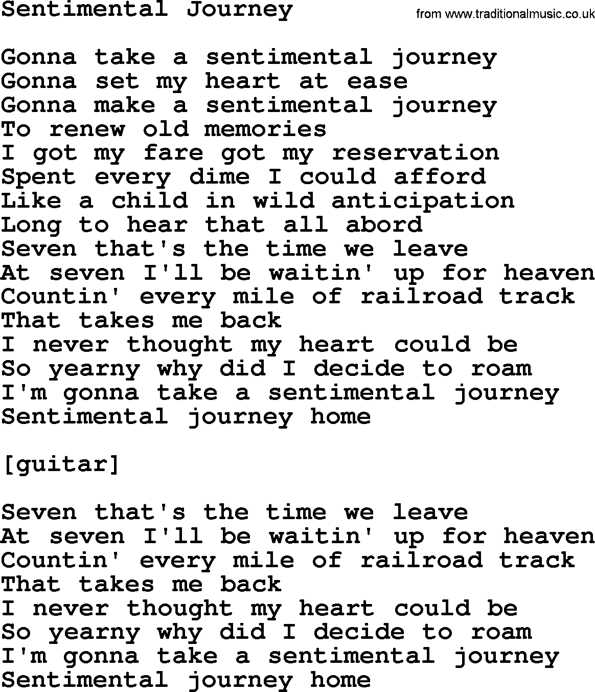Willie Nelson song: Sentimental Journey lyrics