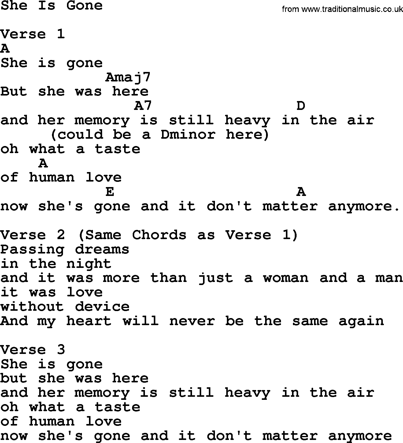 Willie Nelson song: She Is Gone, lyrics and chords