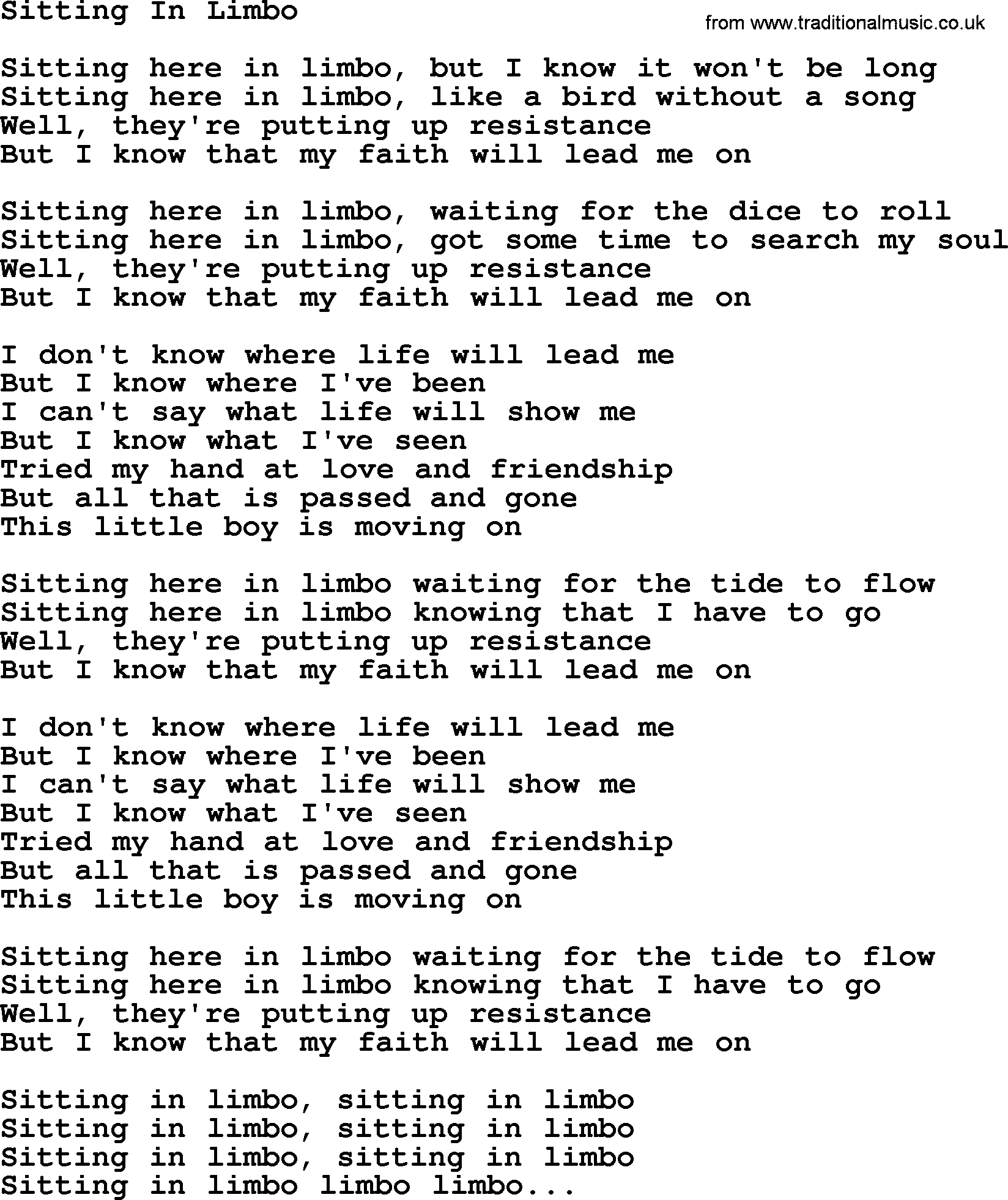 Willie Nelson song: Sitting In Limbo lyrics