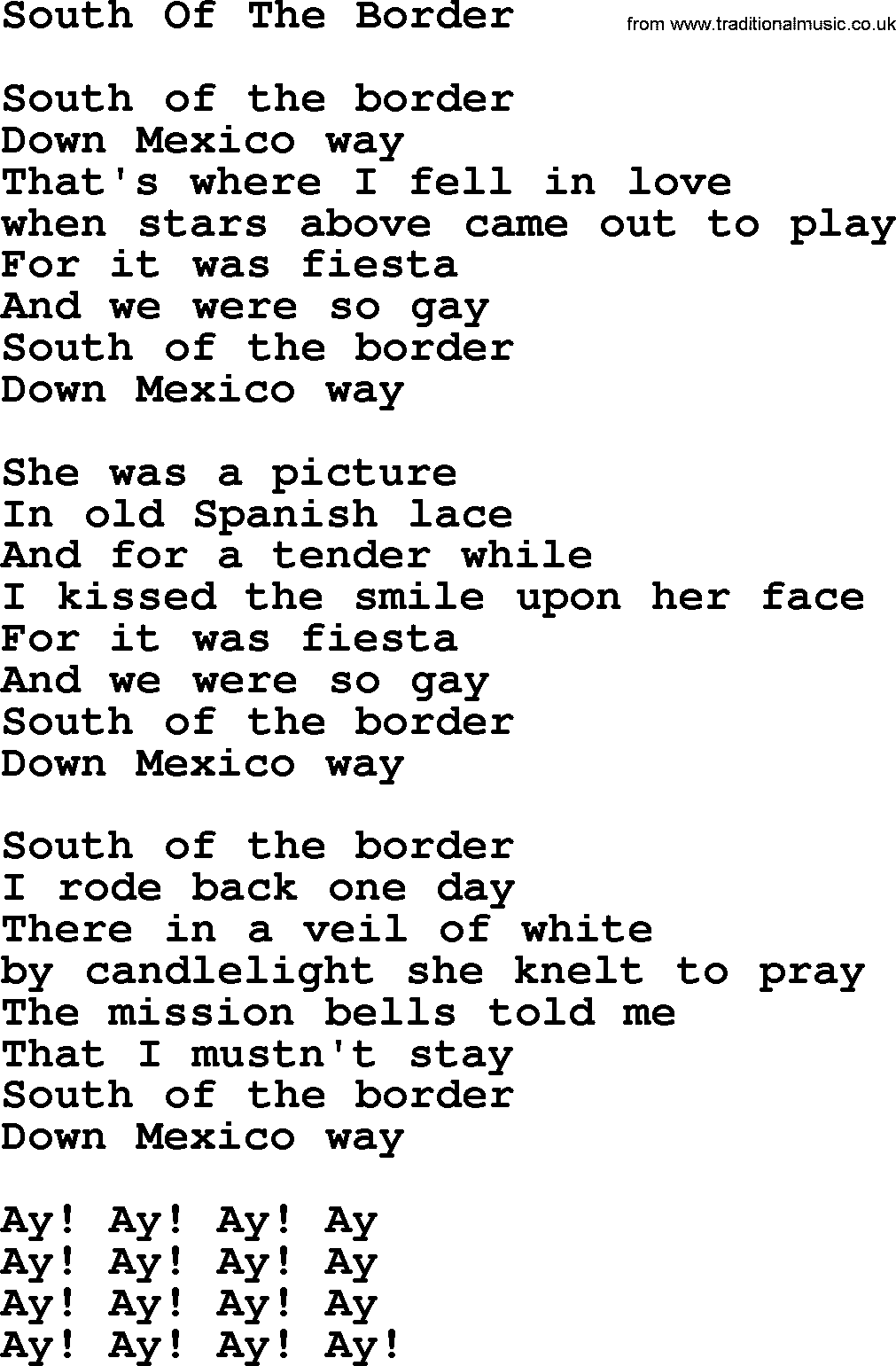 Willie Nelson song: South Of The Border lyrics