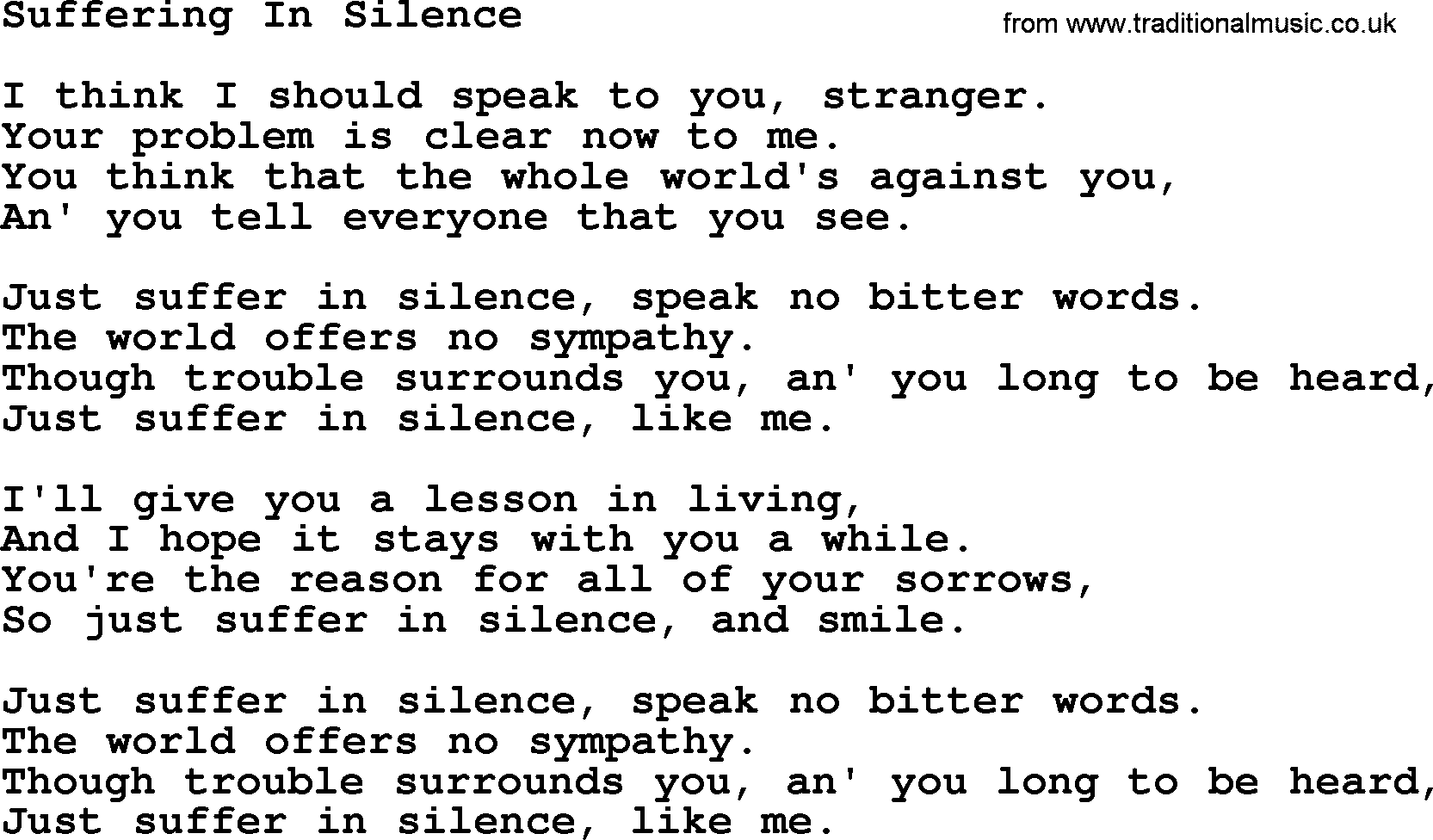 Willie Nelson song: Suffering In Silence lyrics