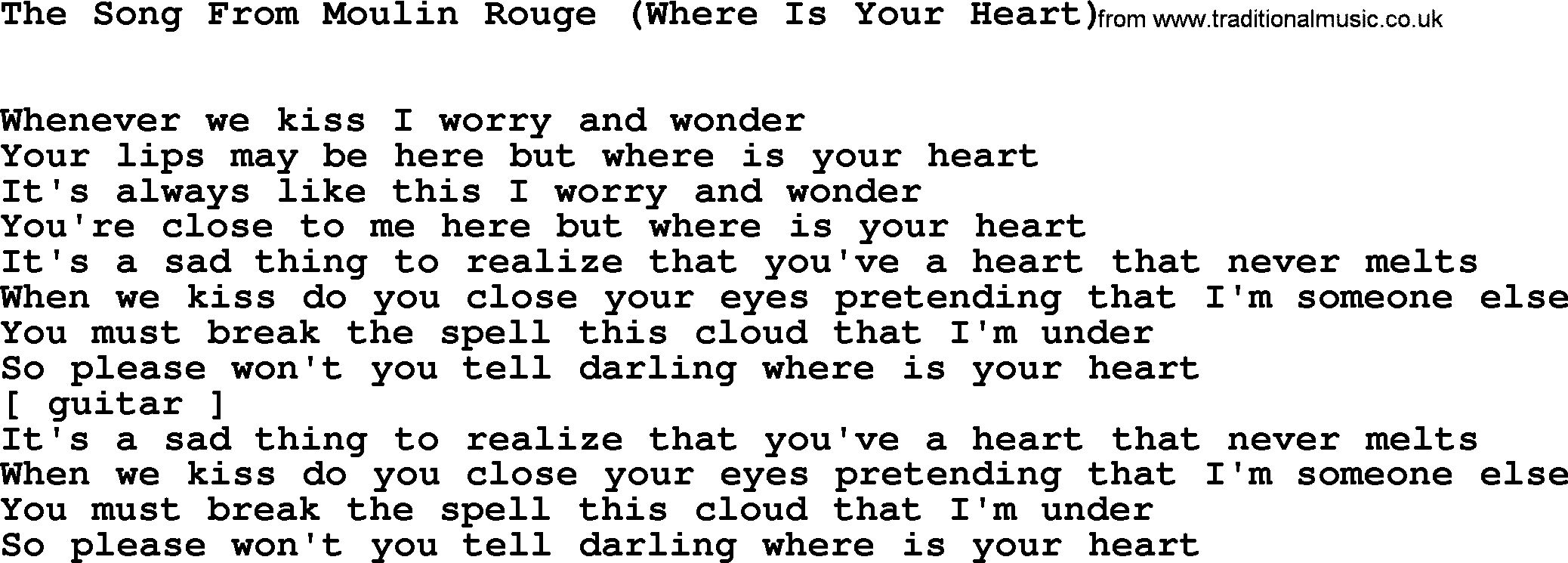 Willie Nelson song: The Song From Moulin Rouge (Where Is Your Heart) lyrics