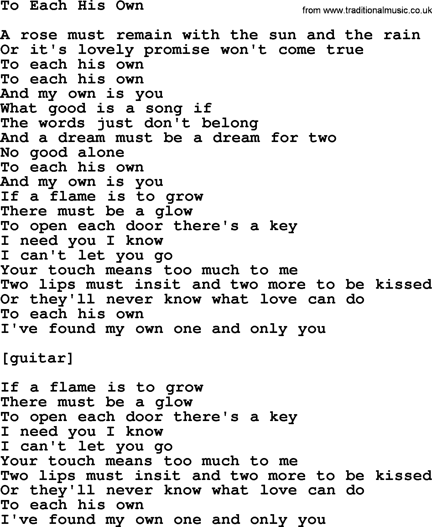 Willie Nelson song: To Each His Own lyrics