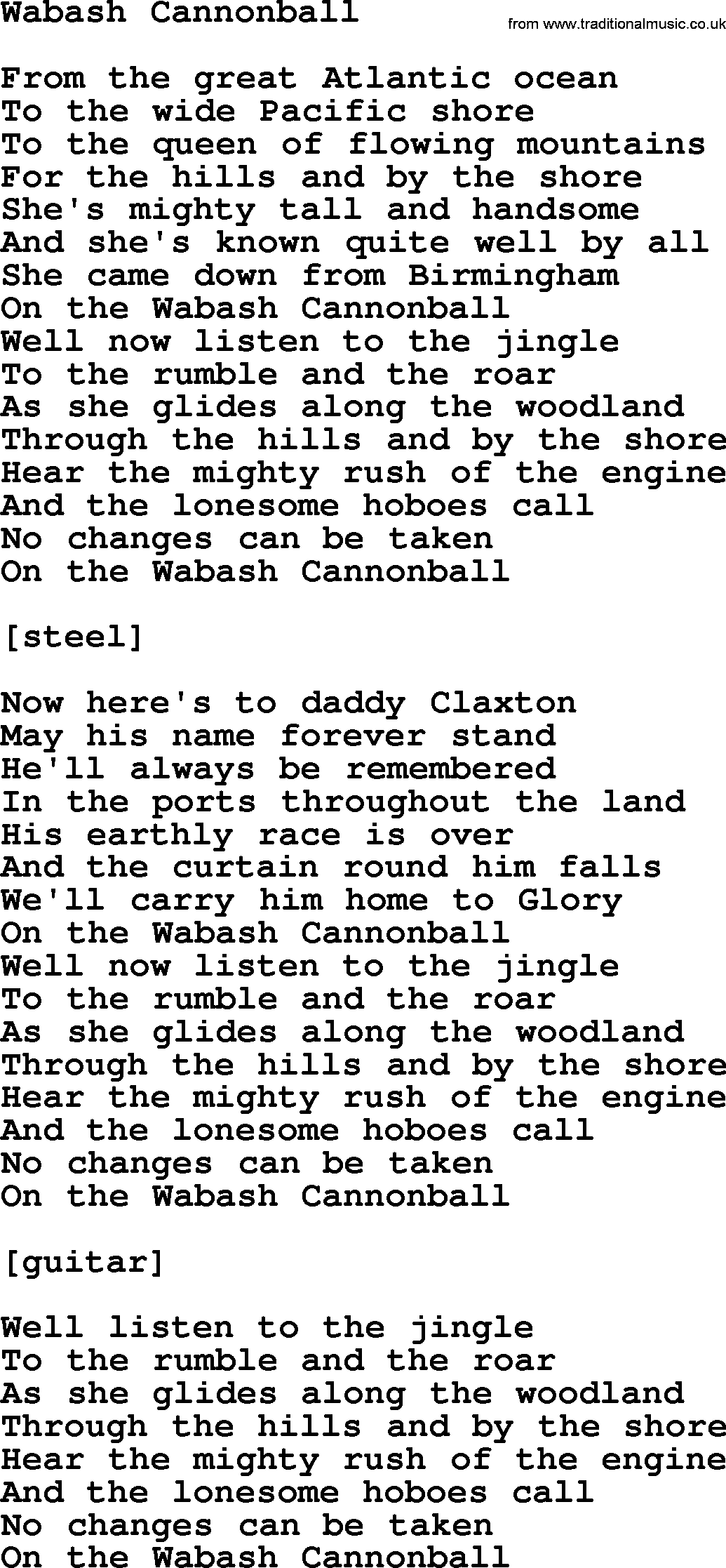 Willie Nelson song: Wabash Cannonball lyrics