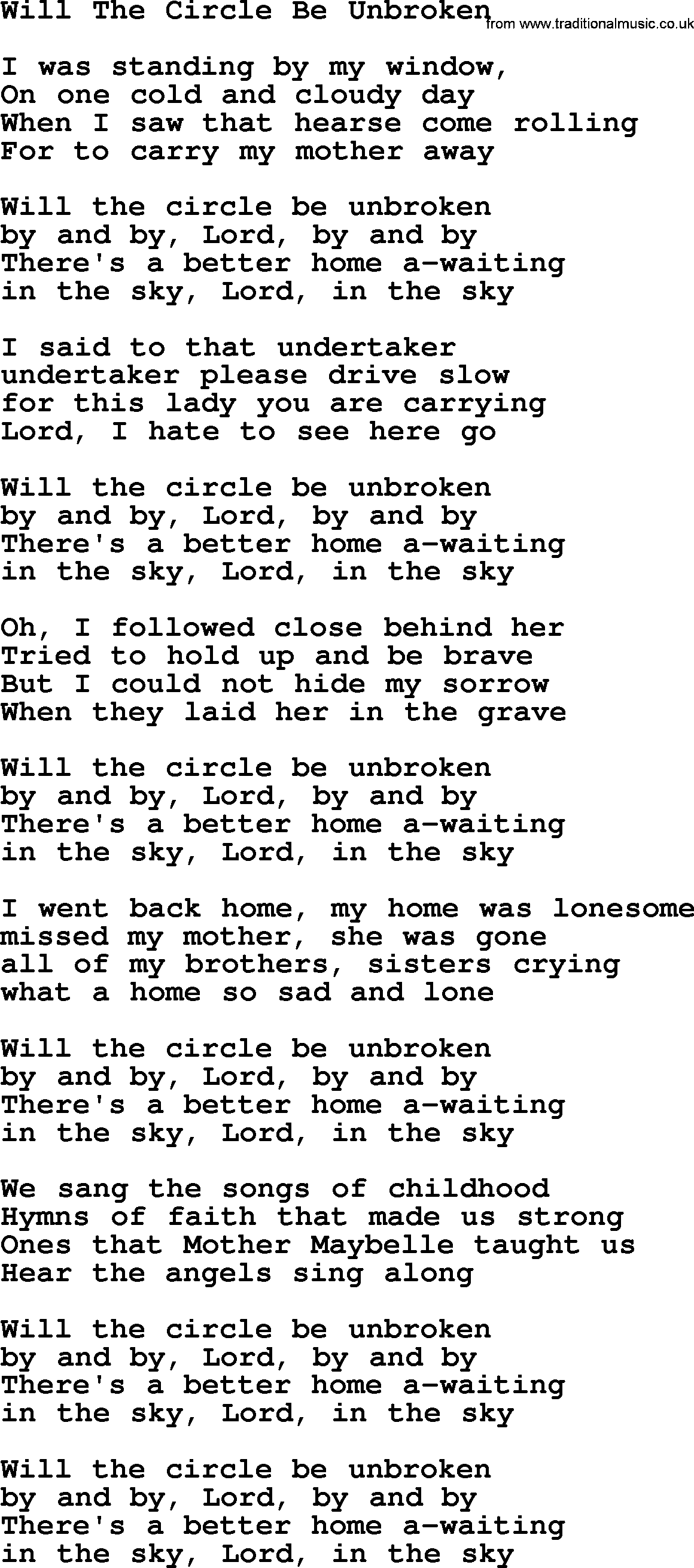 Willie Nelson song: Will The Circle Be Unbroken lyrics