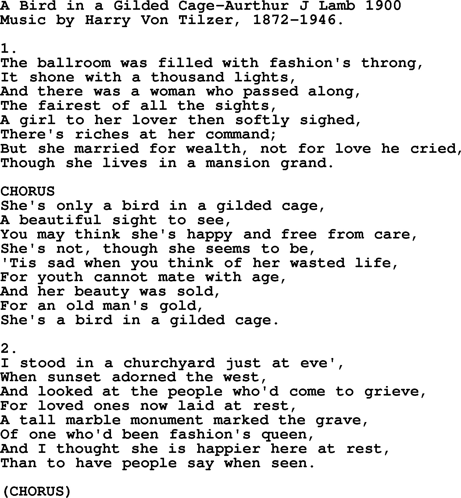 World War(WW1) One Song: A Bird In A Gilded Cage-Aurthur J Lamb 1900, lyrics and PDF