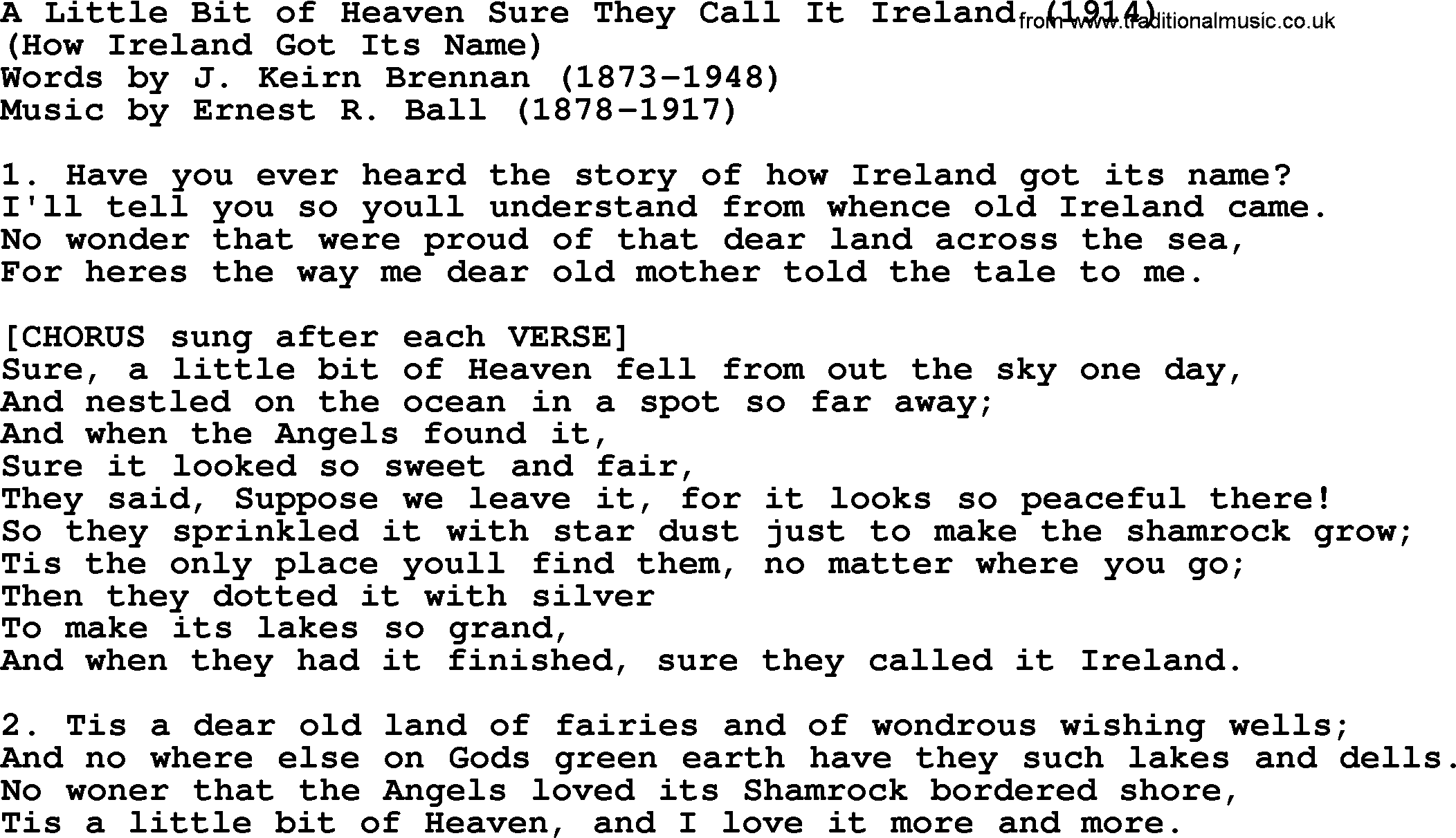 World War(WW1) One Song: A Little Bit Of Heaven Sure They Call It Ireland 1911, lyrics and PDF