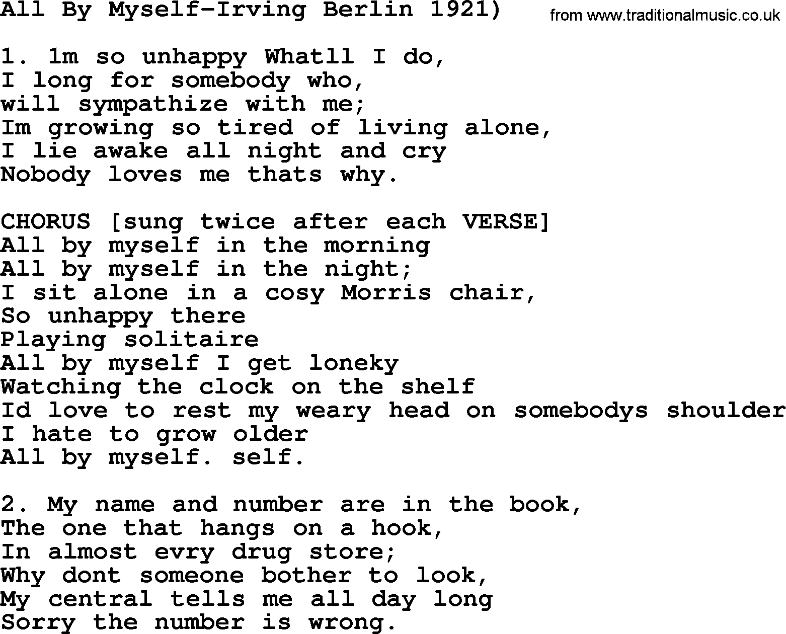 World War(WW1) One Song: All By Myself-Irving Berlin 1921, lyrics and PDF