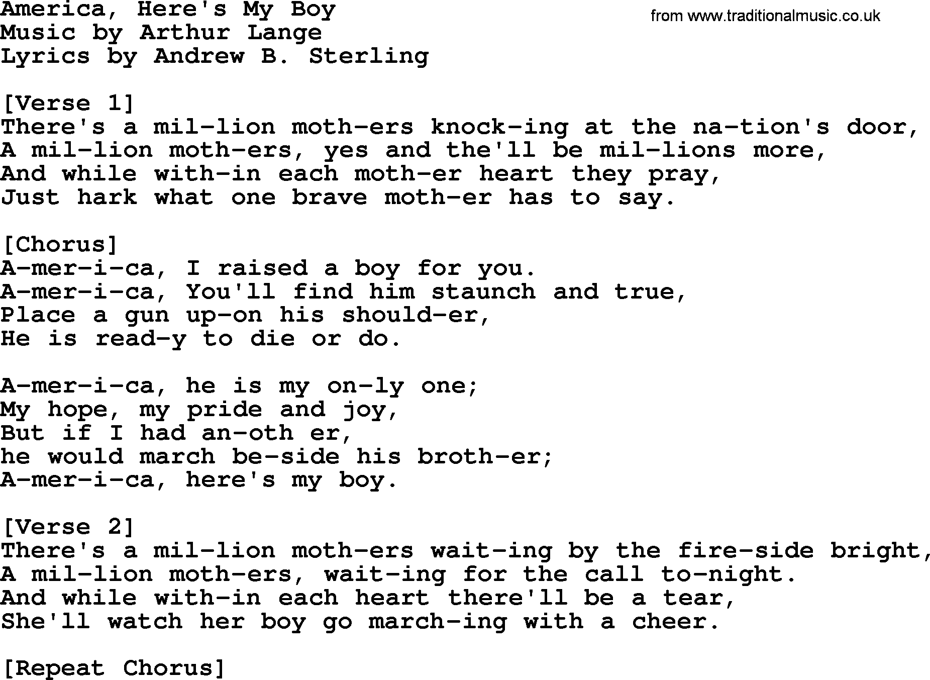 World War(WW1) One Song: America, Here's My Boy, lyrics and PDF