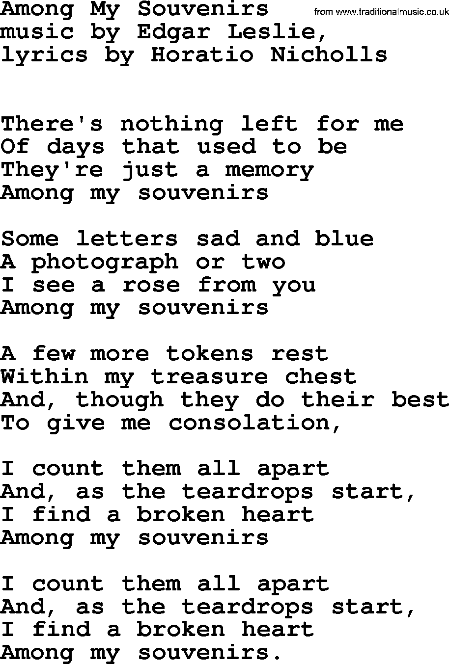World War(WW1) One Song: Among My Souvenirs, lyrics and PDF