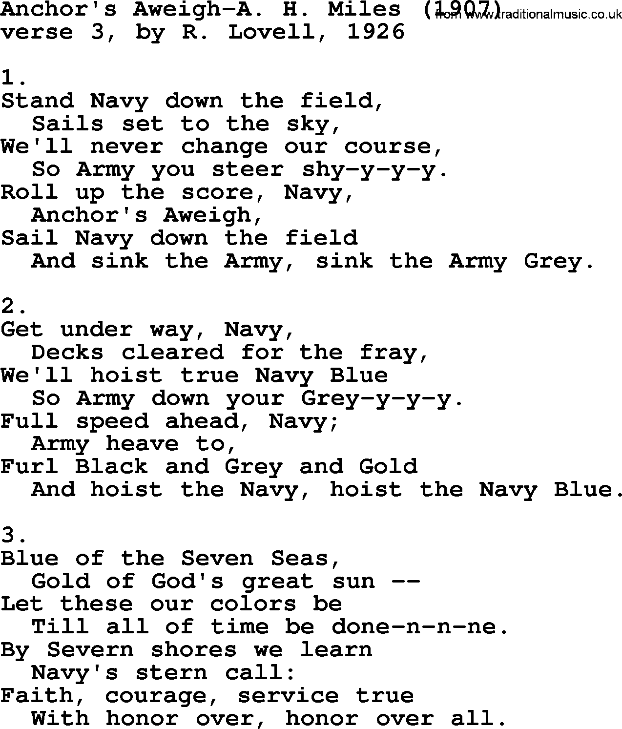 World War(WW1) One Song: Anchor's Aweigh-A H Miles 1907, lyrics and PDF