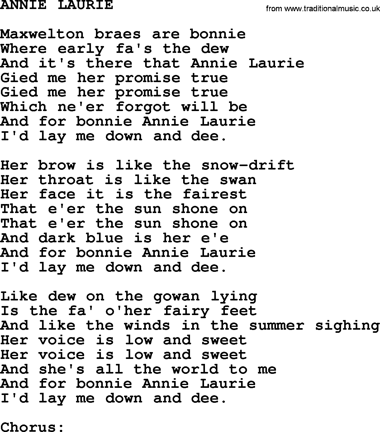 World War(WW1) One Song: Annie Laurie, lyrics and PDF
