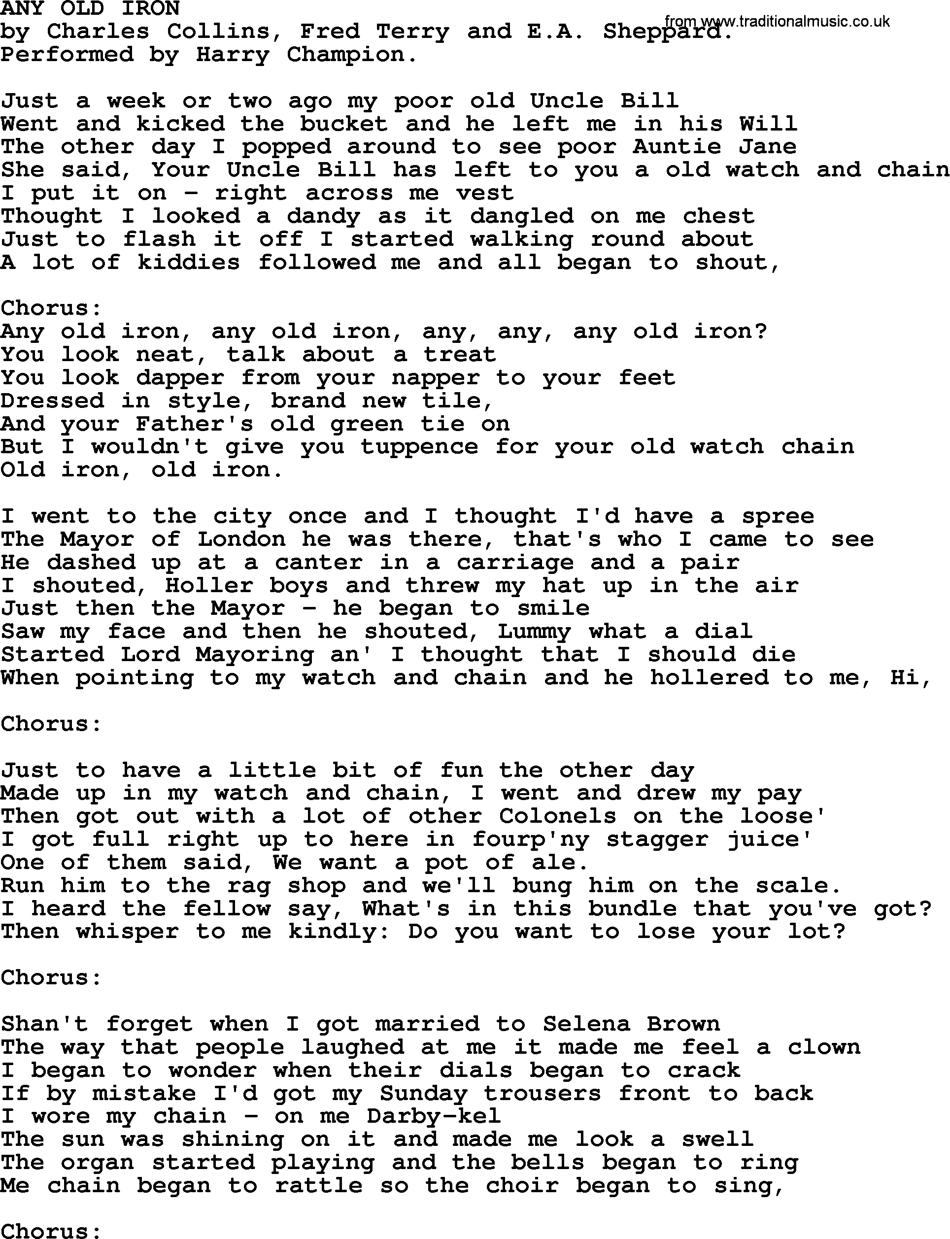 World War(WW1) One Song: Any Old Iron, lyrics and PDF