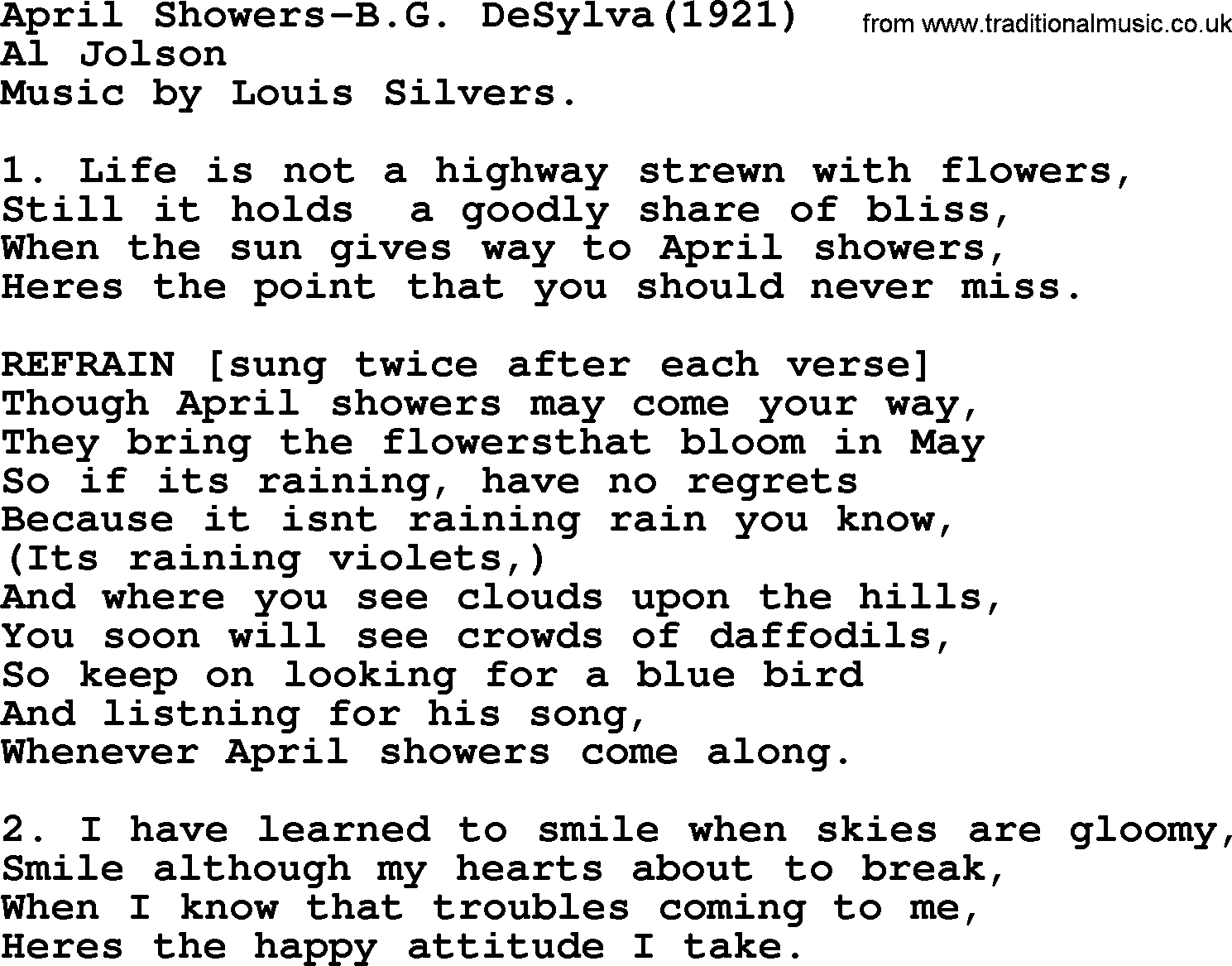 World War(WW1) One Song: April Showers-B G Desylva 1921, lyrics and PDF