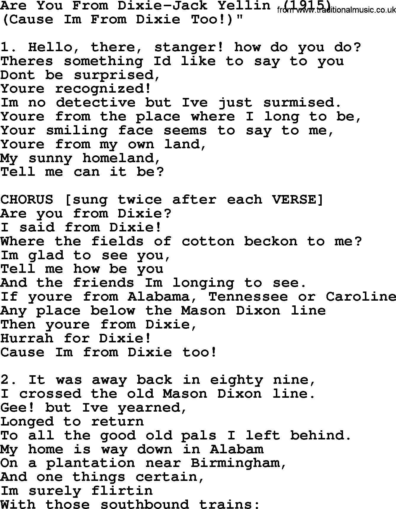 World War(WW1) One Song: Are You From Dixie-Jack Yellin 1915, lyrics and PDF