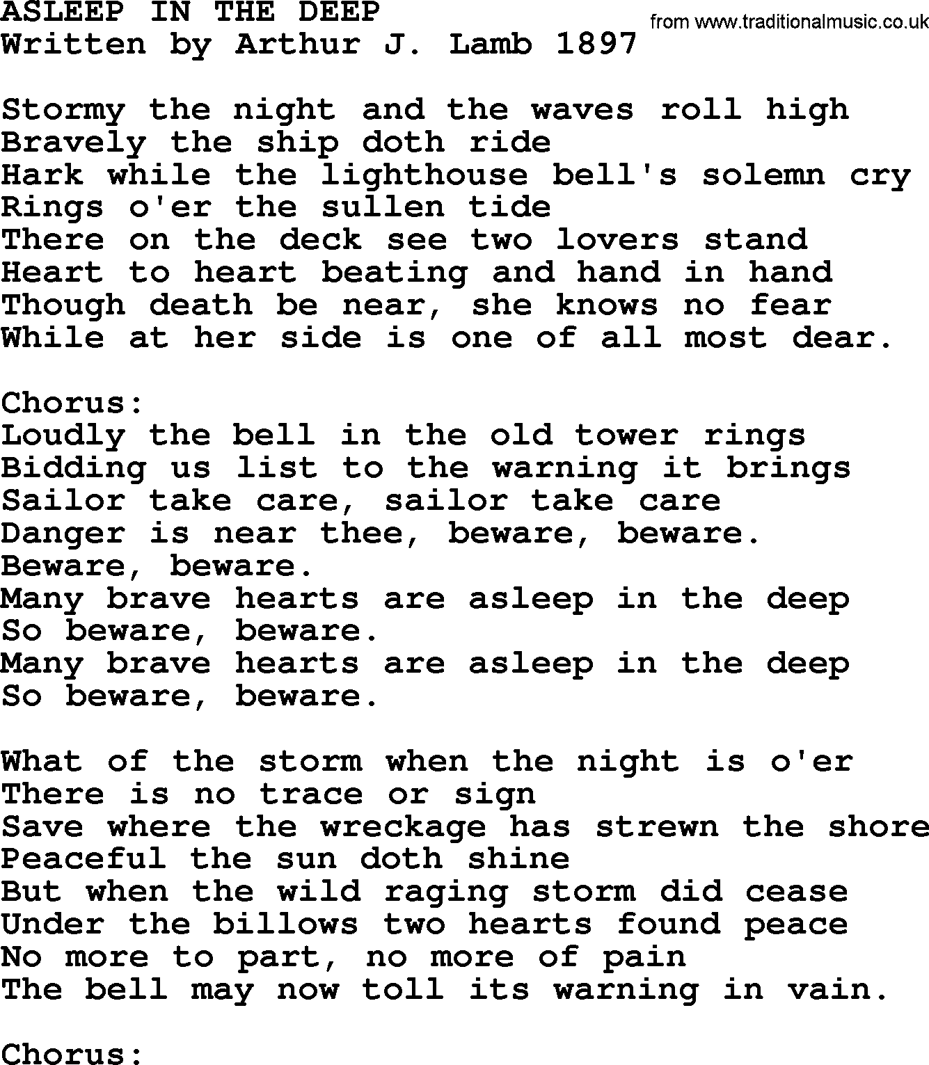 World War(WW1) One Song: Asleep In The Deep, lyrics and PDF