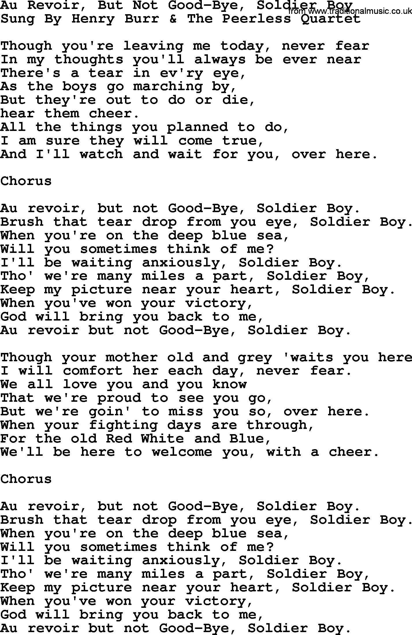 World War(WW1) One Song: Au Revoir, But Not Good-Bye, Soldier Boy, lyrics and PDF