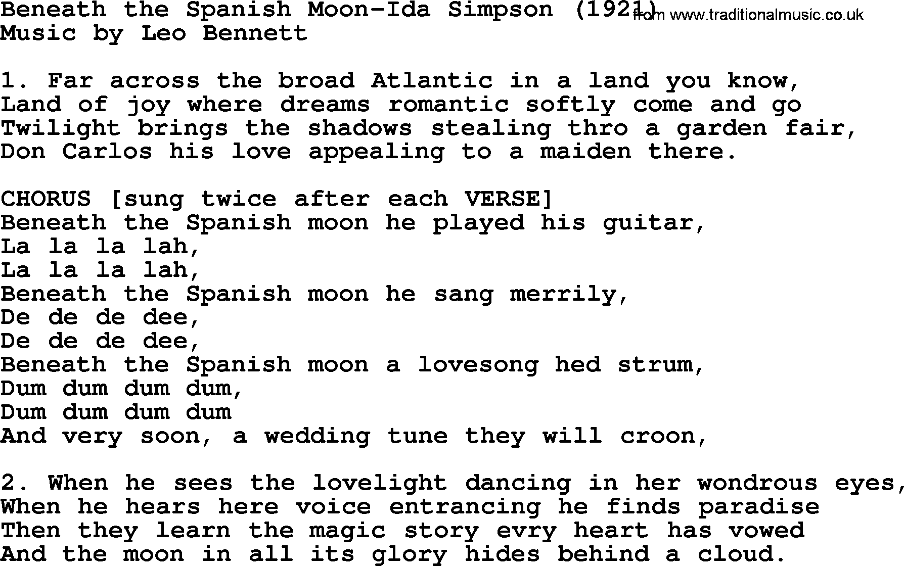 World War(WW1) One Song: Beneath The Spanish Moon-Ida Simpson 1921, lyrics and PDF