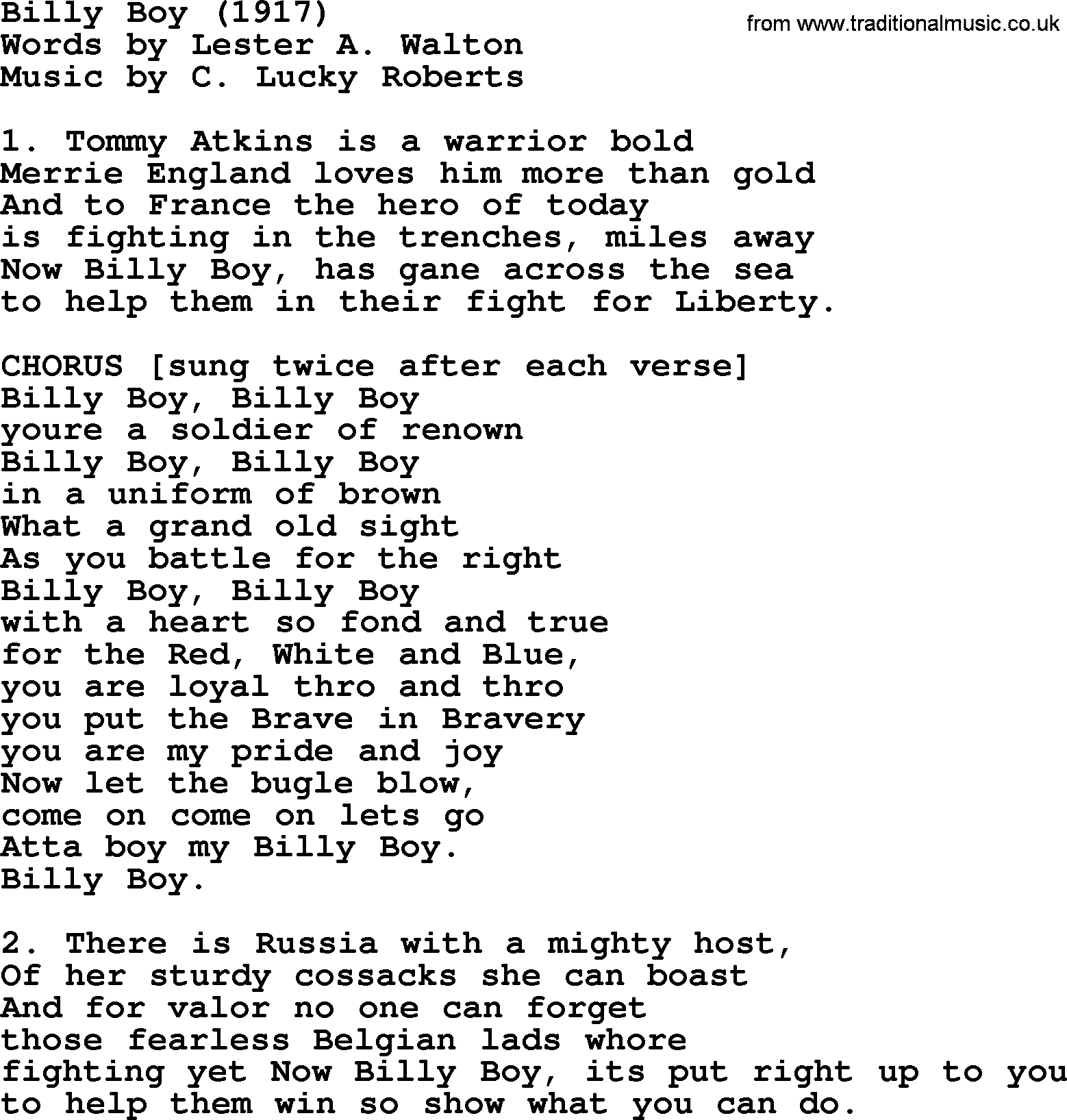World War(WW1) One Song: Billy Boy 1917, lyrics and PDF