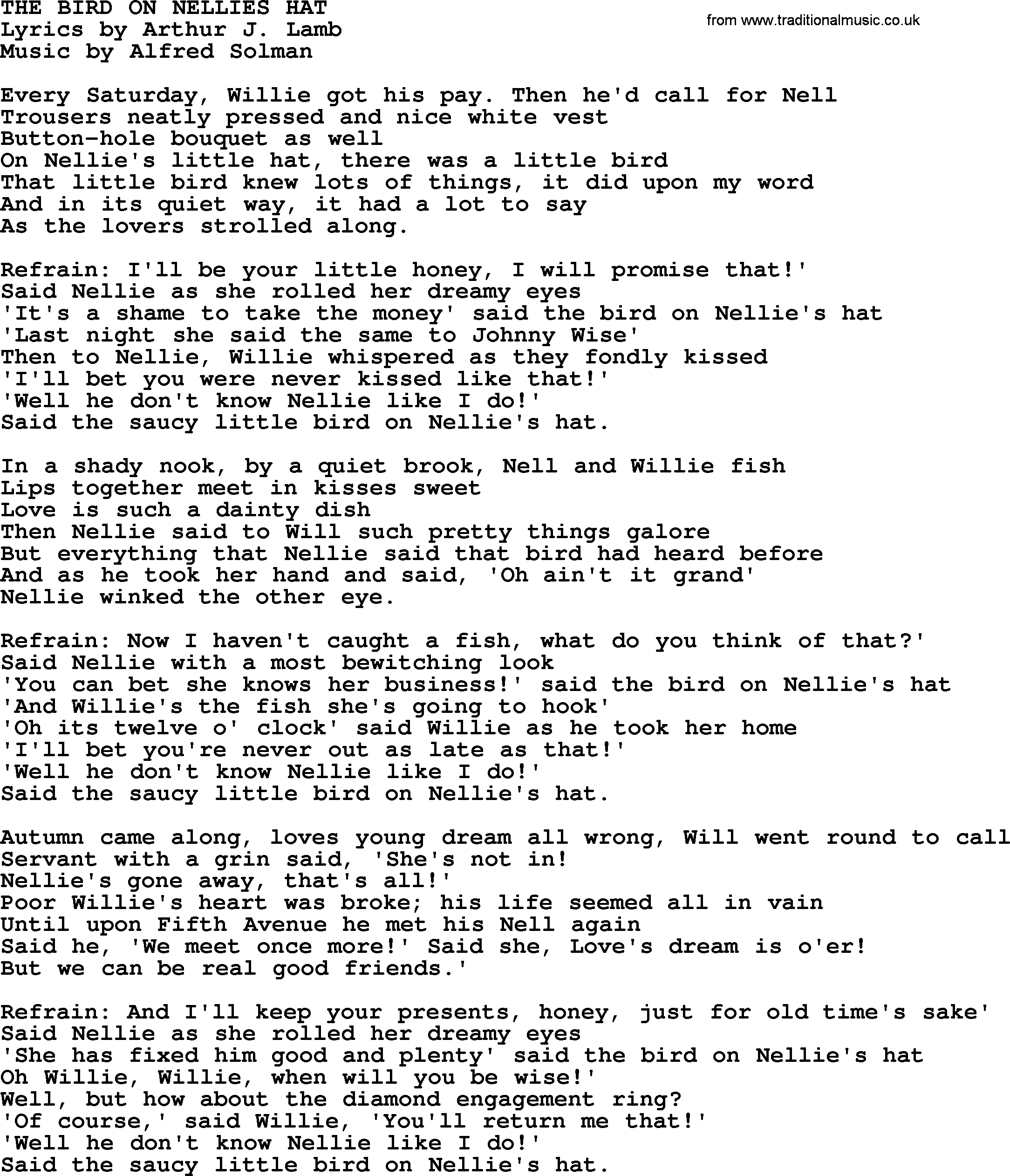 World War(WW1) One Song: Bird On Nellies Hat, lyrics and PDF