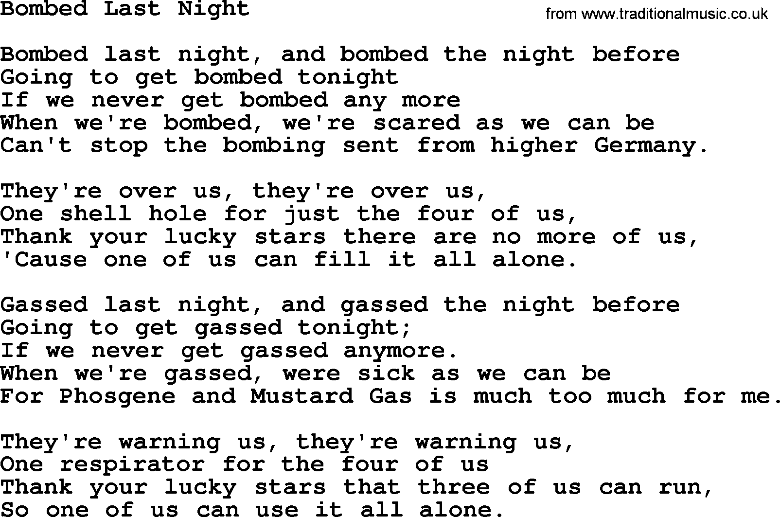 World War(WW1) One Song: Bombed Last Night, lyrics and PDF