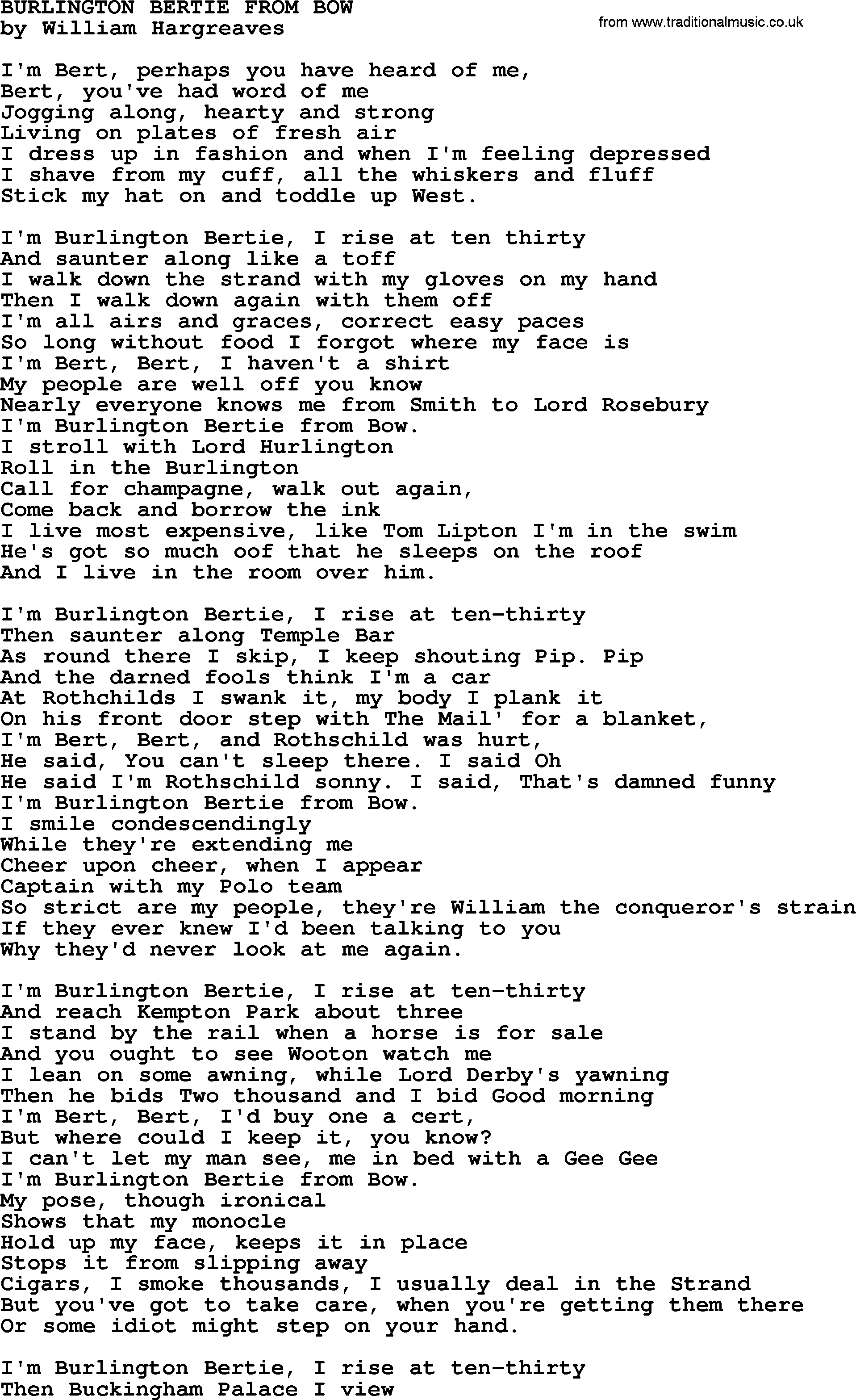 World War(WW1) One Song: Burlington Bertie From Bow, lyrics and PDF