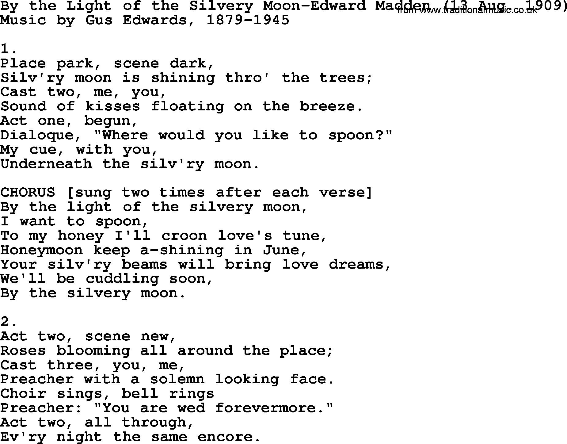 World War(WW1) One Song: By The Light Of The Silvery Moon-Edward Madden 13 Aug 1909, lyrics and PDF