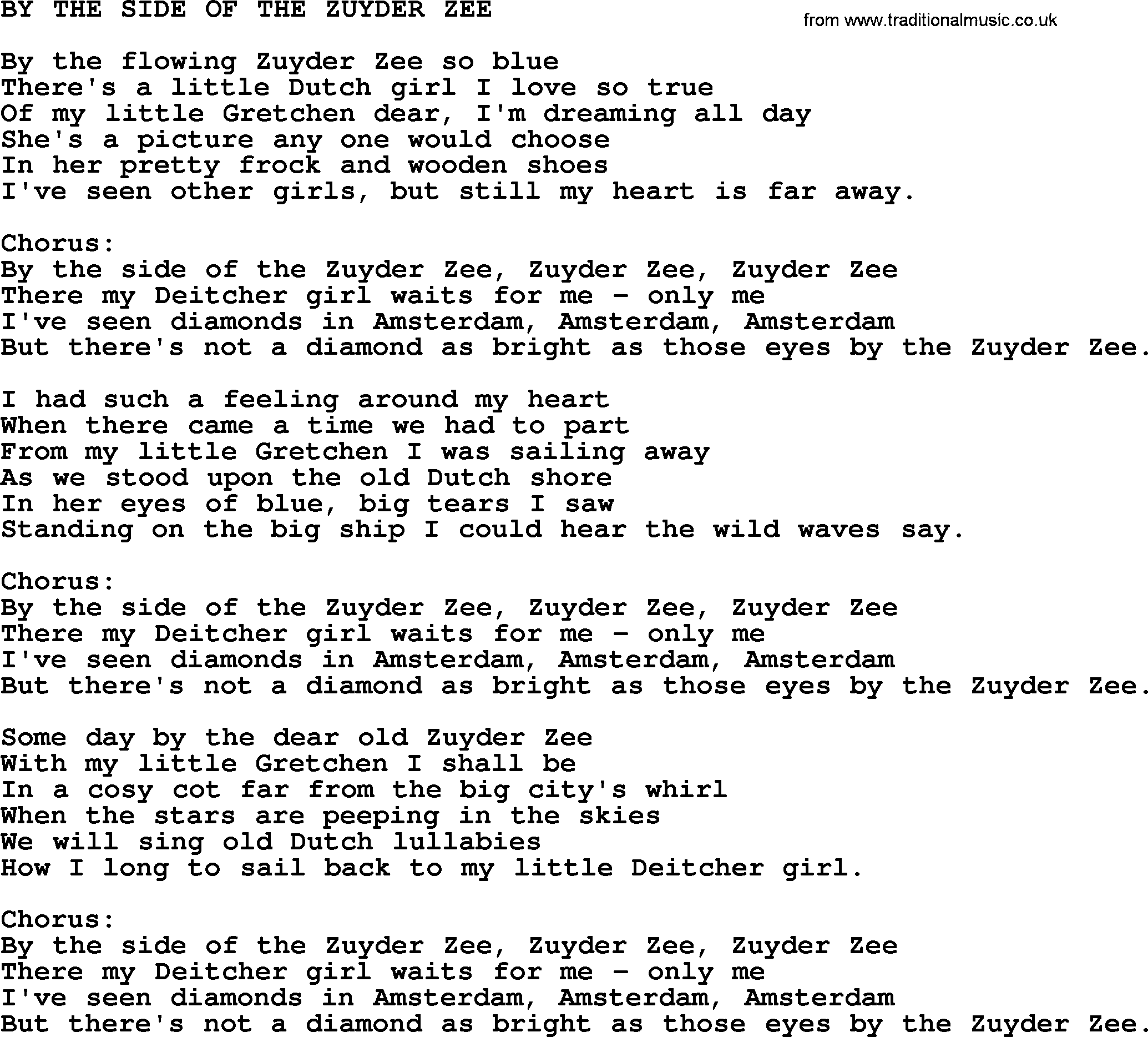 World War(WW1) One Song: By The Side Of The Zuyder Zee, lyrics and PDF