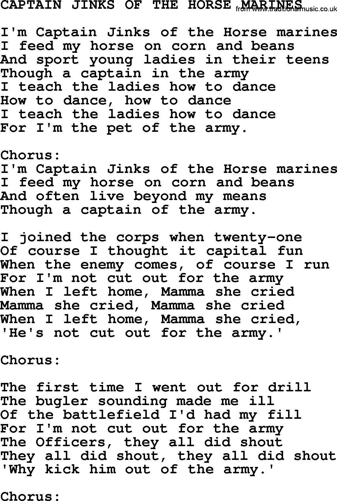 World War(WW1) One Song: Captain Jinks Of The Horse Marines, lyrics and PDF