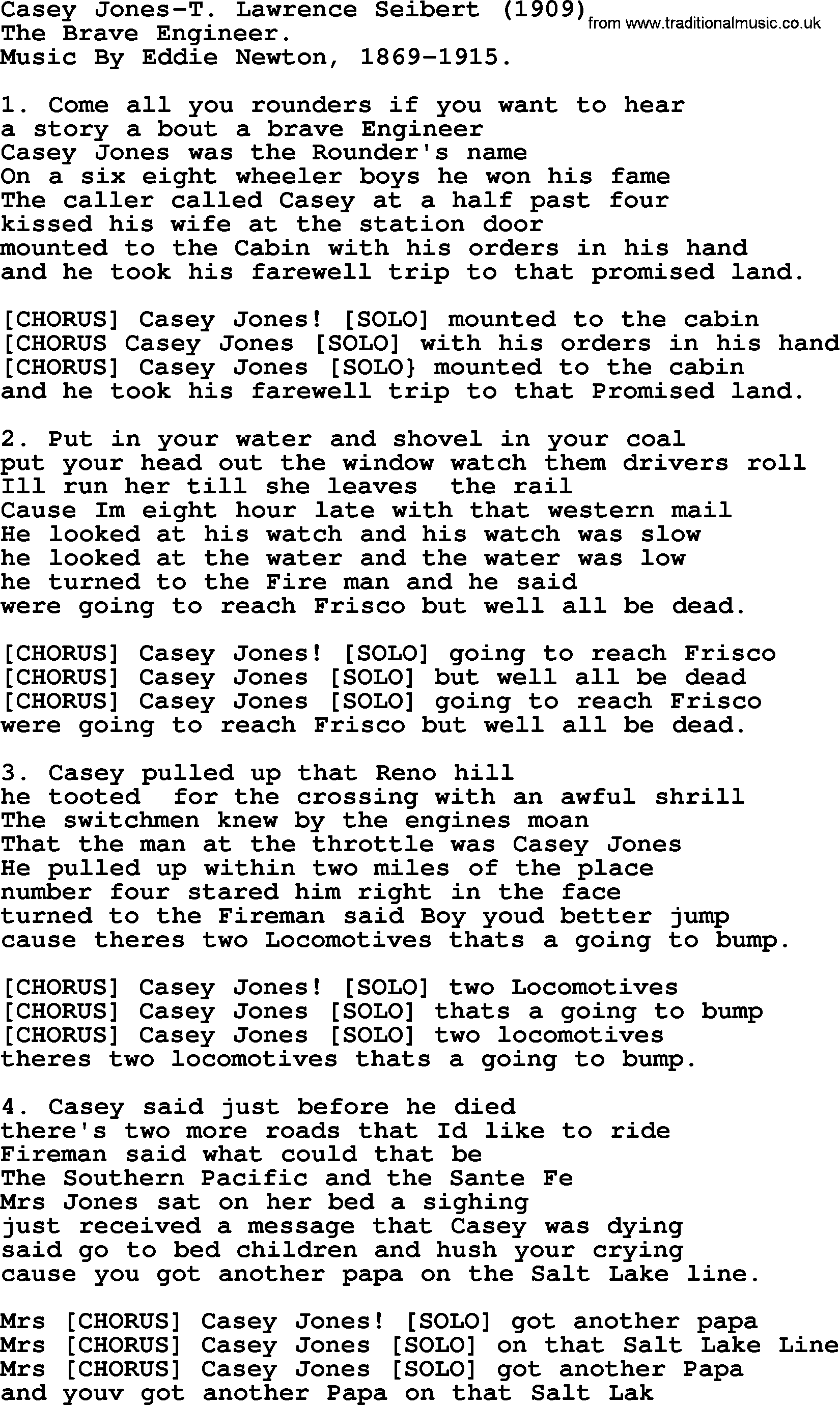 World War(WW1) One Song: Casey Jones-T Lawrence Seibert 1909, lyrics and PDF