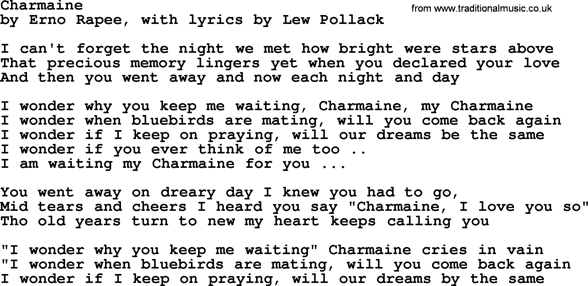 World War(WW1) One Song: Charmaine, lyrics and PDF