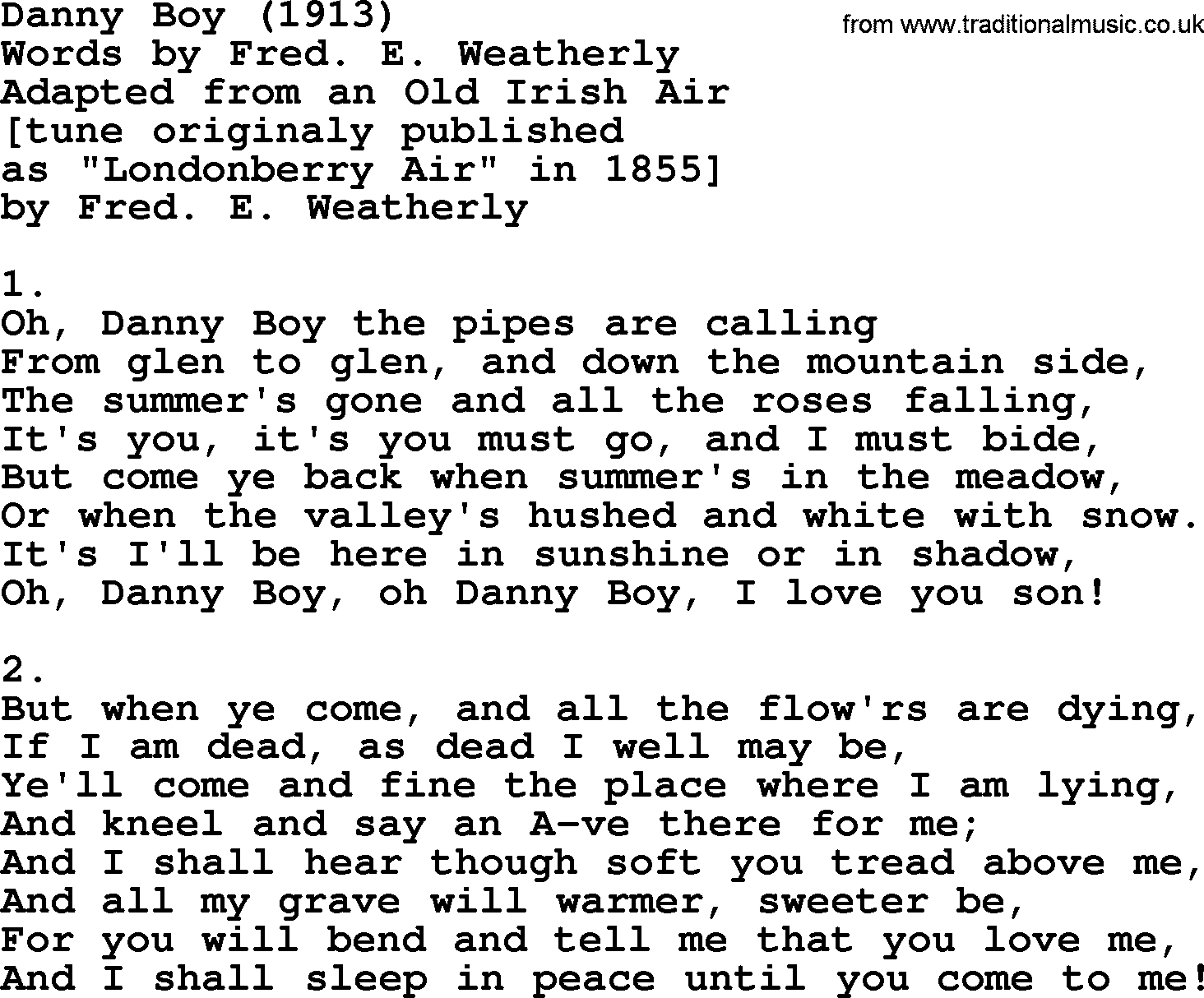 World War(WW1) One Song: Danny Boy 1913, lyrics and PDF