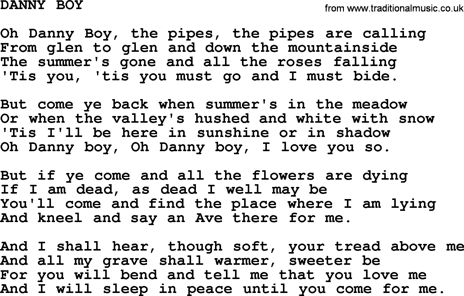World War(WW1) One Song: Danny Boy, lyrics and PDF