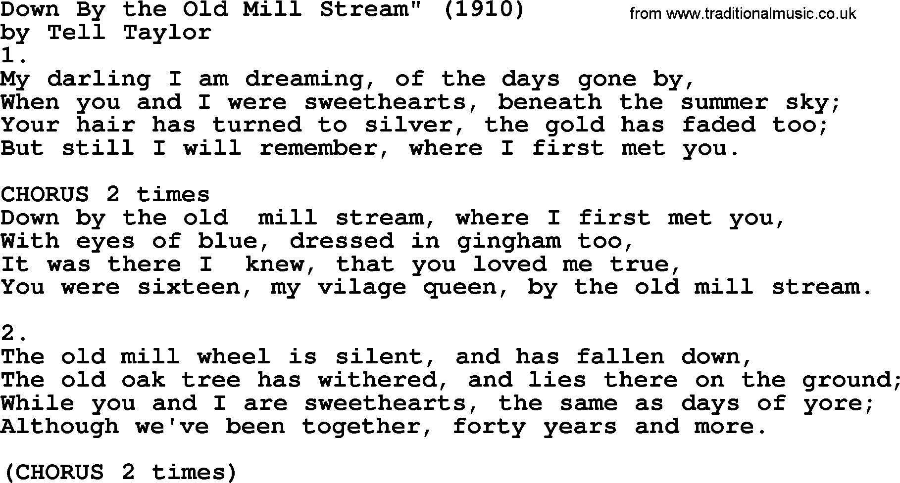 World War(WW1) One Song: Down By The Old Mill Stream 1910, lyrics and PDF