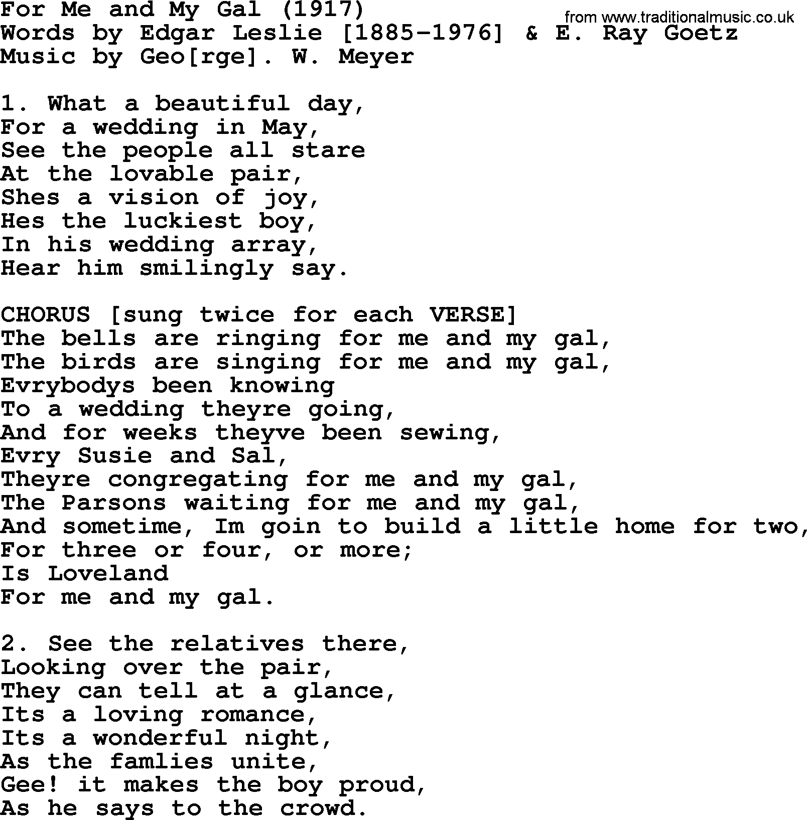 World War(WW1) One Song: For Me And My Gal 1917, lyrics and PDF