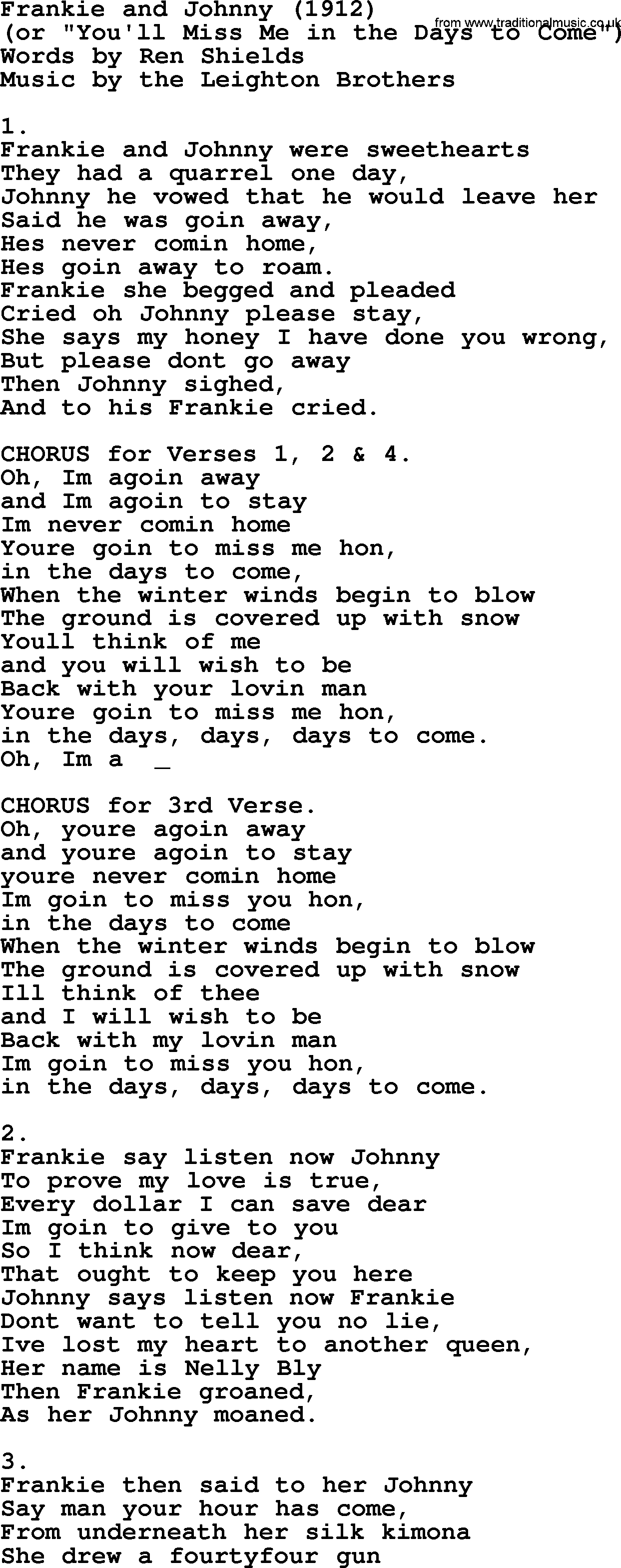 World War(WW1) One Song: Frankie And Johnny 1912, lyrics and PDF