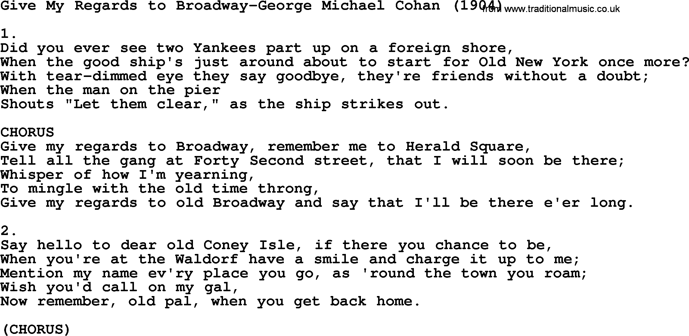 World War(WW1) One Song: Give My Regards To Broadway-George Michael Cohan 1904, lyrics and PDF