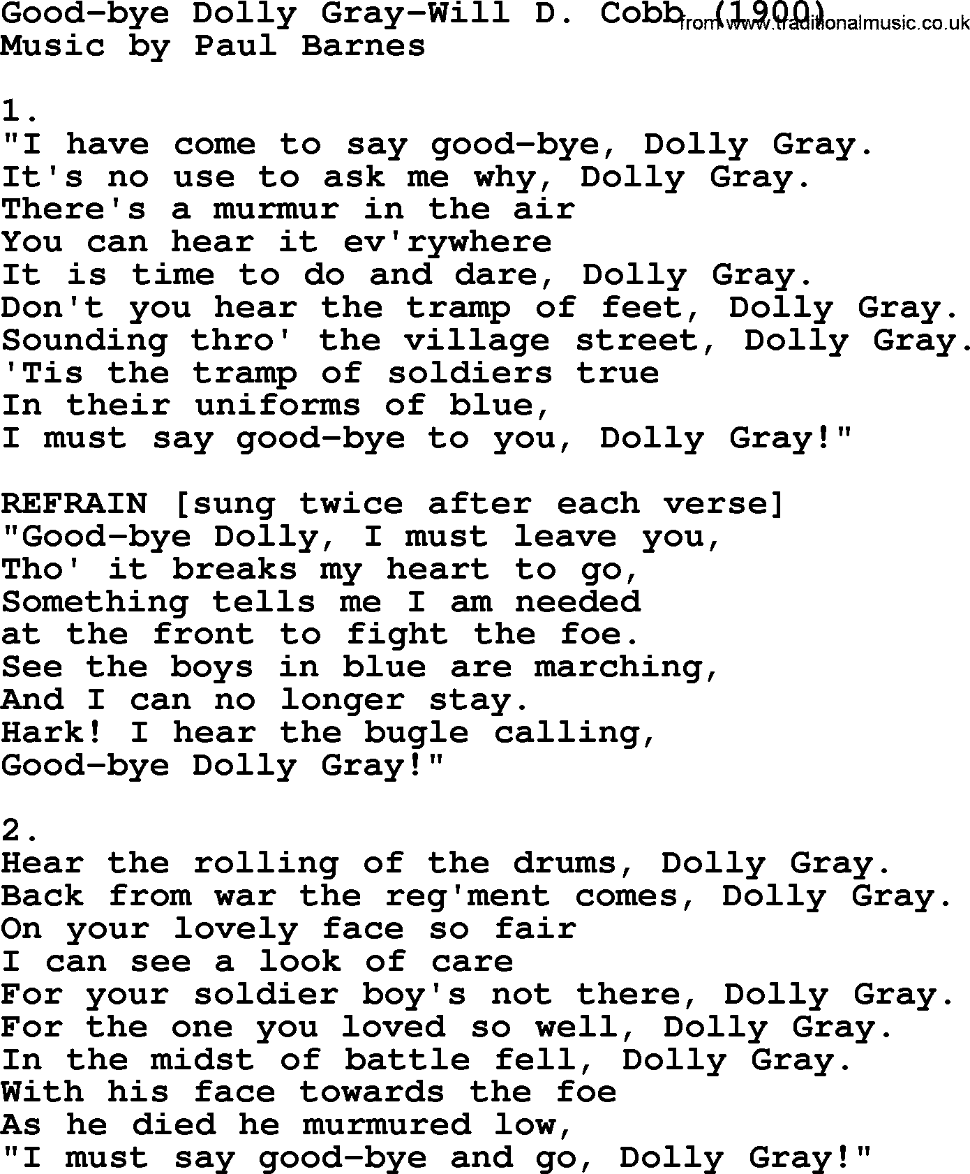 World War(WW1) One Song: Good-Bye Dolly Gray-Will D Cobb 1900, lyrics and PDF
