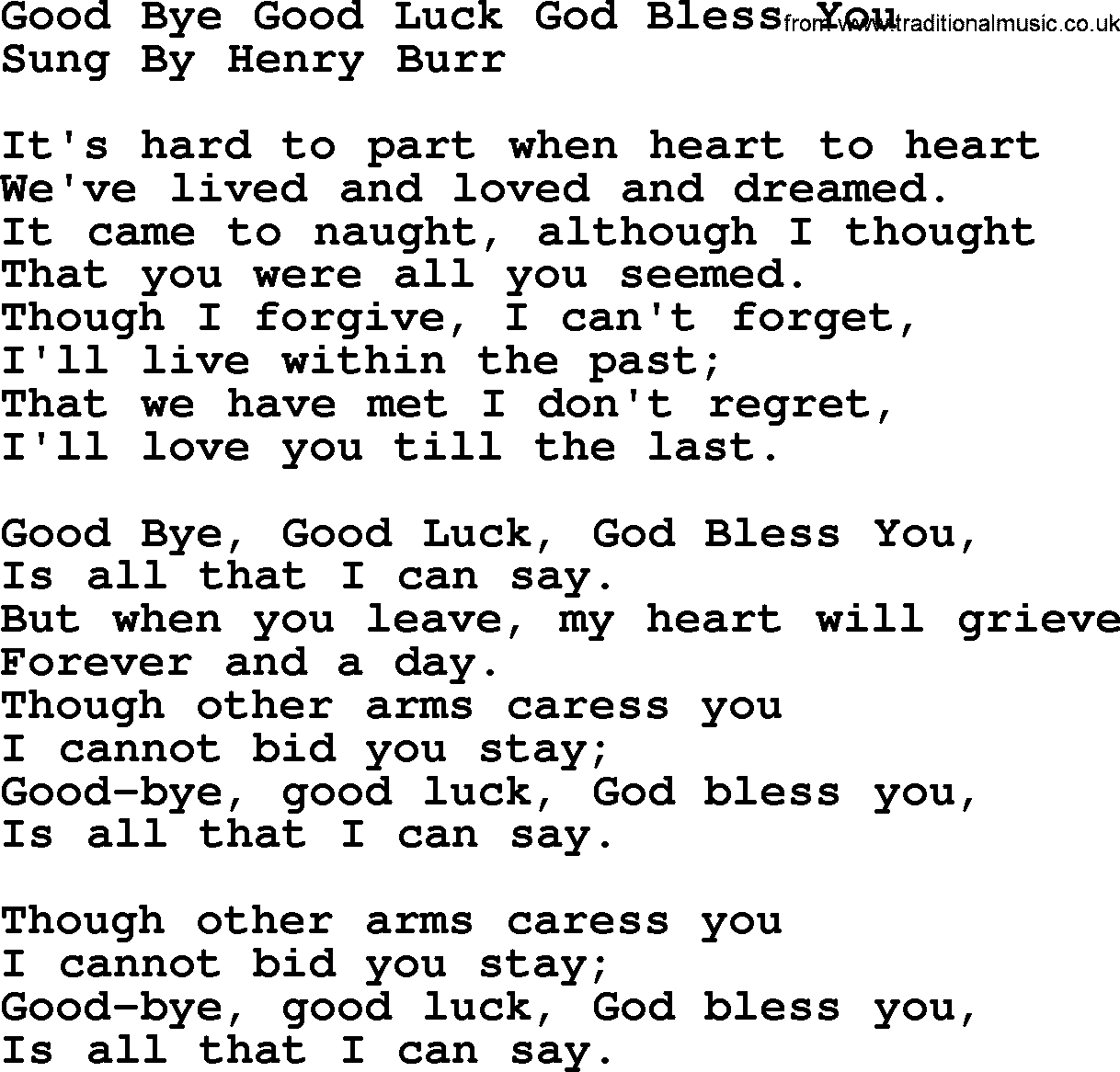 World War(WW1) One Song: Good Bye Good Luck God Bless You, lyrics and PDF